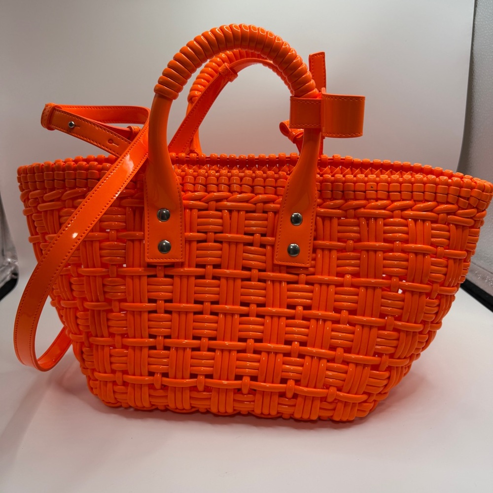 NEW Balenciaga Bistro Neon Orange Woven Tote with Top Handles - Picture 3 of 9